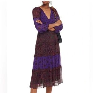 New BA&SH Gypsie Tiered Printed Crepe Midi Dress Purple Violet NWT Bohemian 4